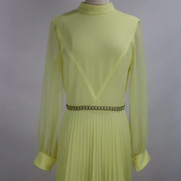 Vtg 1970's Yellow Formal Long Party Dress Gown Cocktail Hippie Prairie Boho S - Picture 5 of 12